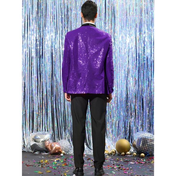 Sequin Sport Coats Shawl Lapel One Button Wedding Shiny Blazer Purple - Picture 5 of 6